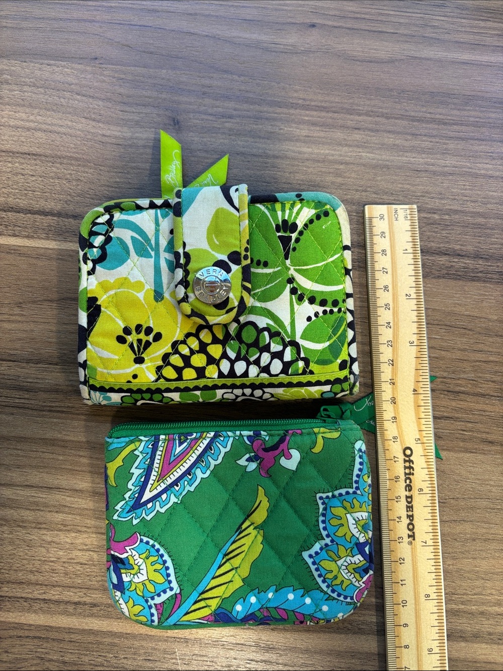 2 Vera Bradley Green Floral Quilted Wallet & Coin Pouch